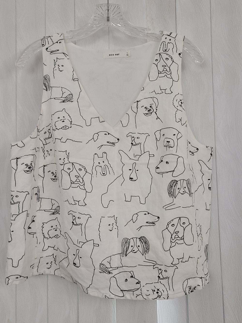 Mod Ref Sz L Black White Dog Lover V Neck Sleeveless Linen Cotton Blend Blouse